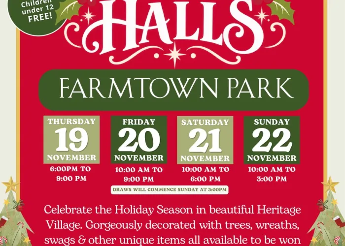 Red background white strips on sides, two decorated christmas trees on bottom of page, along with other plants, middle of page, event details