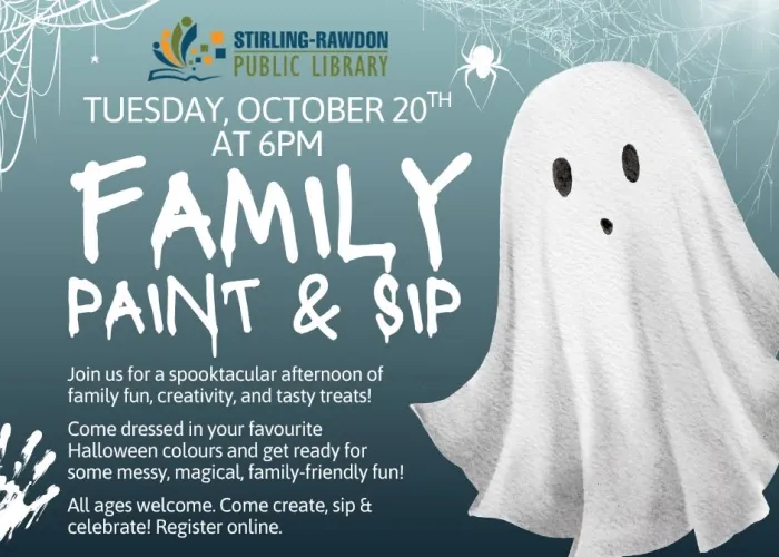 blue grey background, cobwebs along top, ghost on right, library logo and event details on left, hand print smear bottom left