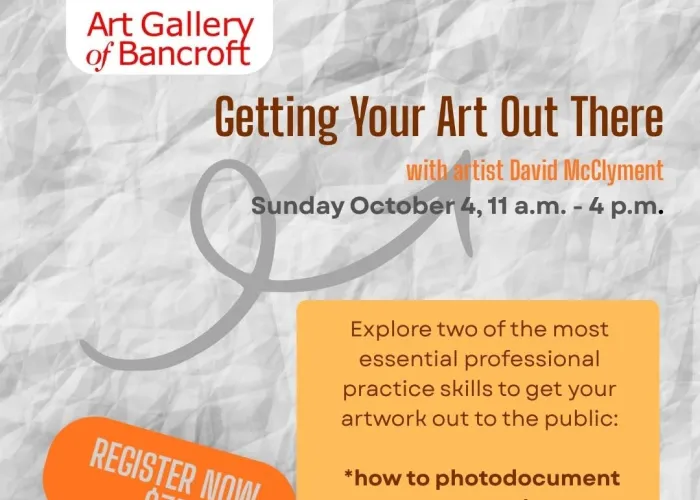 Crumpled paper flattened out as background, art gallery logo top left corner, event details, orange box with more event details
