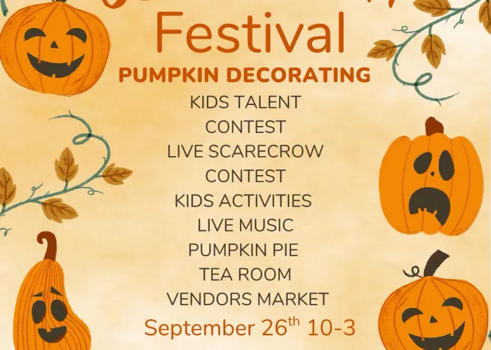 orange/brown/white faded background, jack o lanterns, vines, and leaves around border, event details in centre of page in orange and black writing
