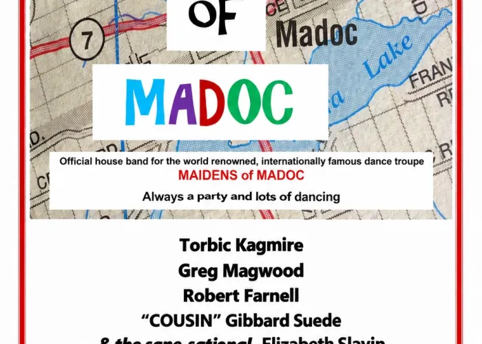 White background, red border, map image of madoc in background at top, event details in colourful letters